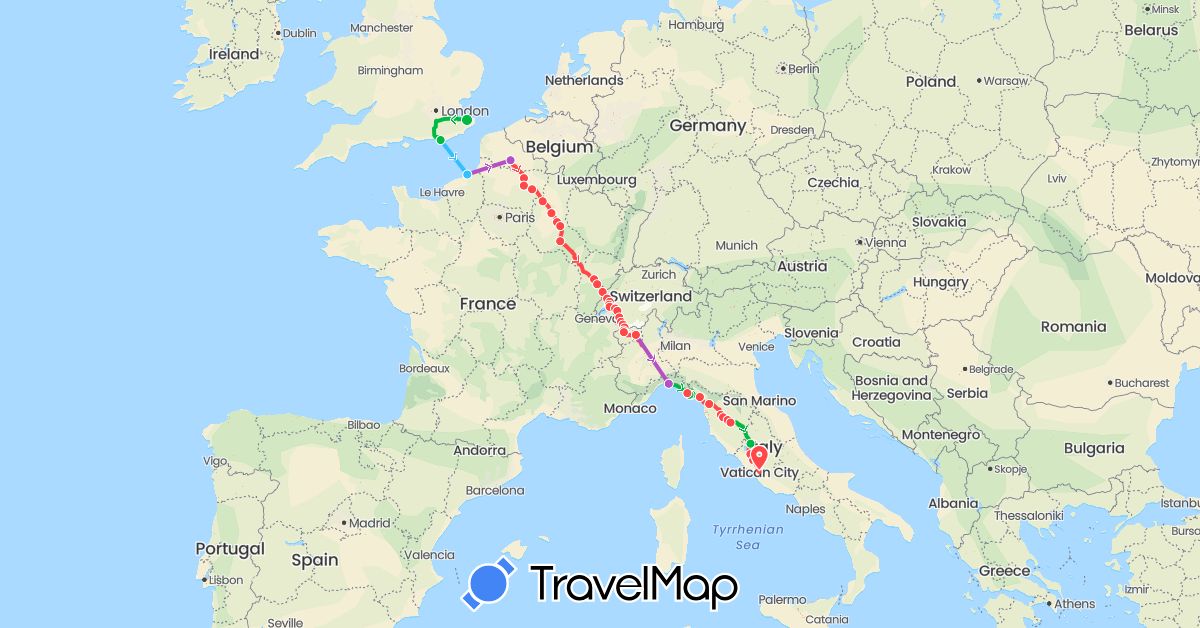 TravelMap itinerary: bus, train, hiking, boat in Switzerland, France, United Kingdom, Italy, Vatican City (Europe)